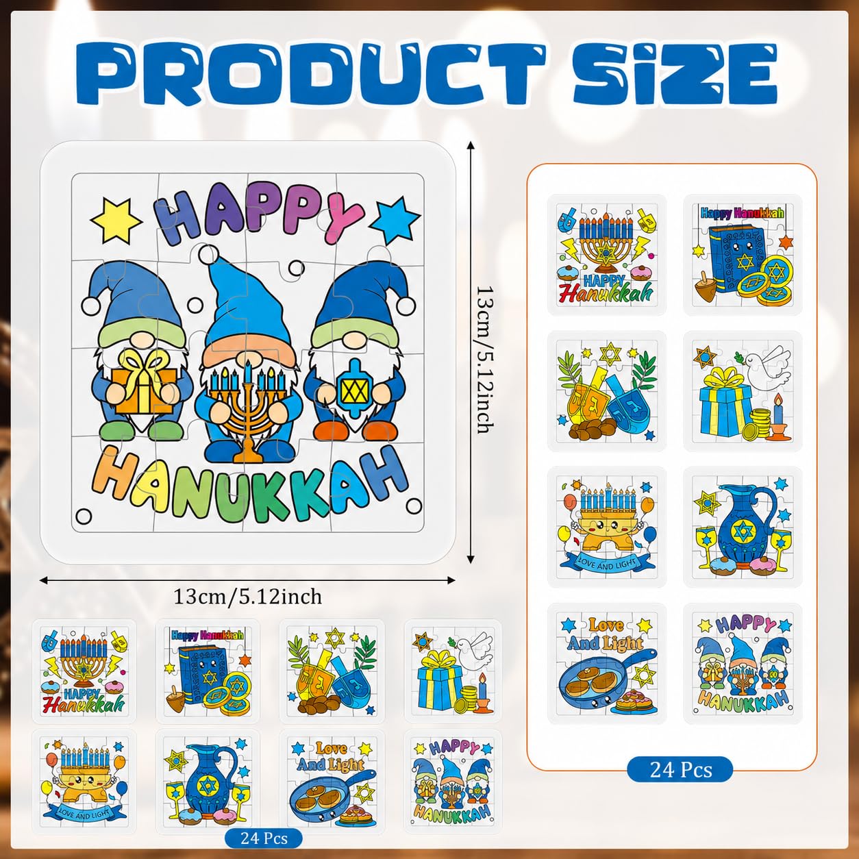 Cinrobiye 24 Sets Hanukkah Coloring Jigsaw Craft Kit for Kids, DIY Chanukah Activity Set with 8 Designs, Festival of Lights Party Favors, Winter Holiday Classroom Art Projects