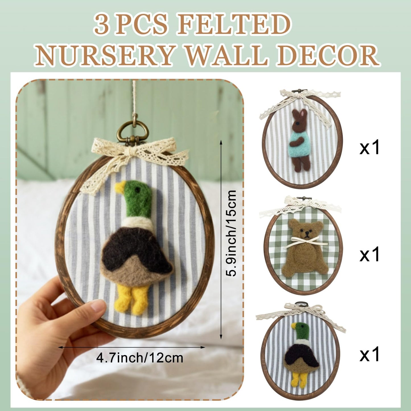 Soulchen 3 Pcs 5 x 6 Inch Felted Nursery Wall Decor with Bear Rabbit Mallard Cute Animal Wall Art Decorative Artwork for Nursery Bathroom Living Room Baby Room Bedroom Farmhouse Decoration