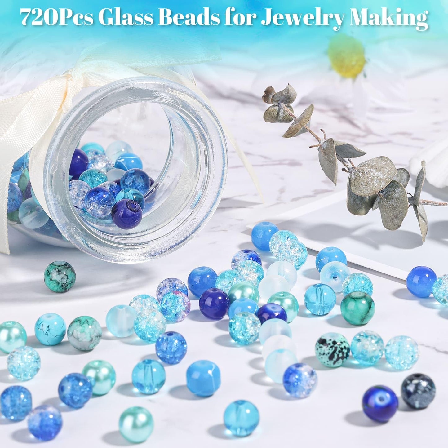 PAXCOO 720pcs Glass Beads for Jewelry Making 8mm, 24 Colors Bead Bracelet Making Kit Blue Round Loose Beads for Bracelet Earring Necklace Jewelry Making Supplies