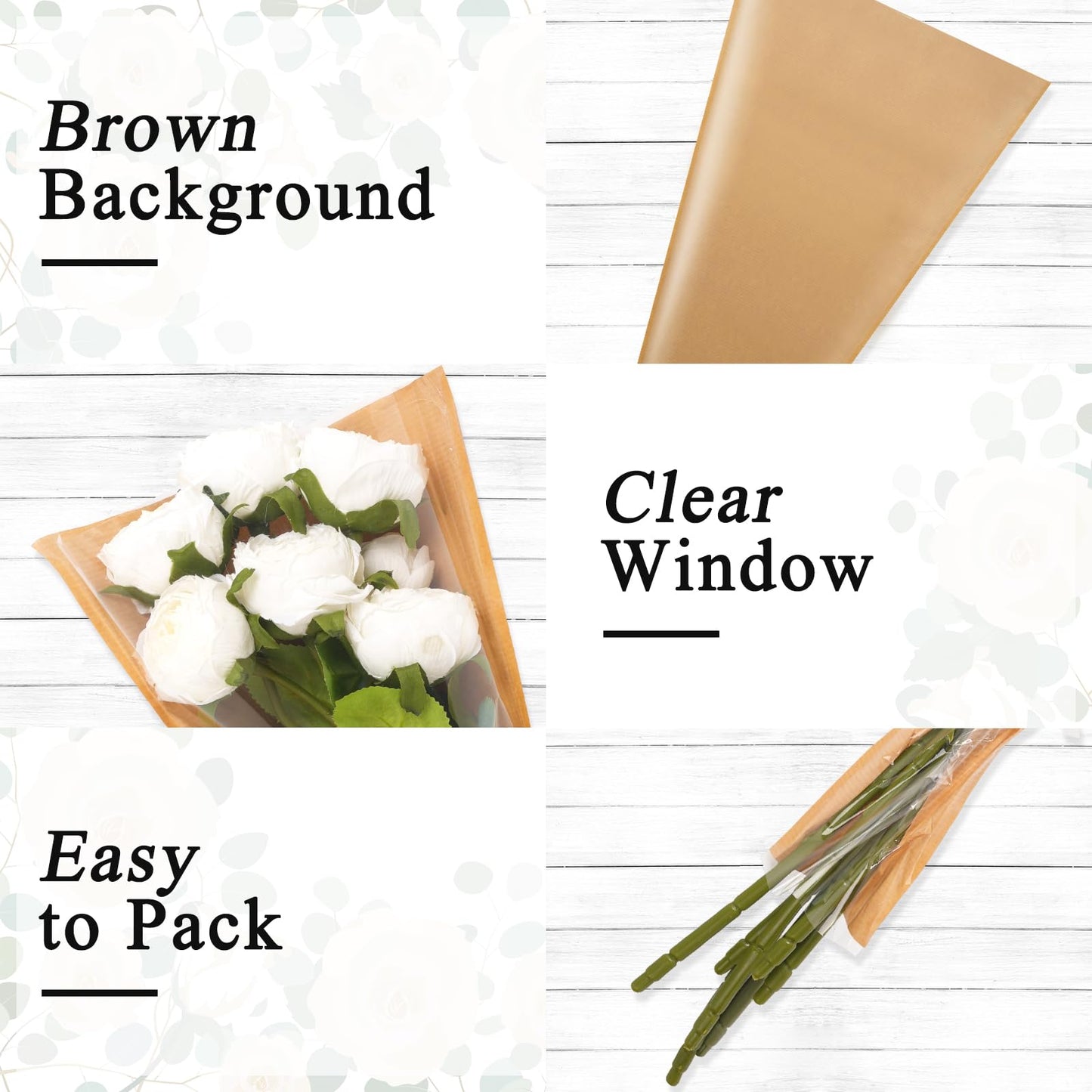 Kosotody 50Pcs Flower Bags for Bouquets,Flower Packing Kraft Paper Sleeves with Ribbons for Florist Supplies Wedding BirthdayMother's Day, 9.8x3.9x17.9 Inches
