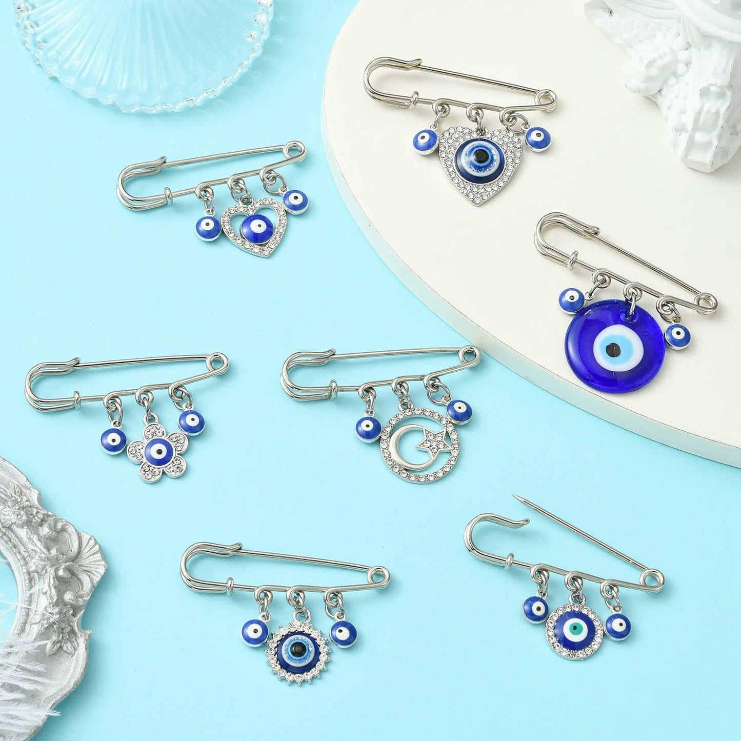 Gythara 7 pcs 7 Styles Blue Evil Eye Theme Alloy Resin Kilt Safety Pins Brooch Turkish Heart Lucky Eye Ball Pins for DIY Jewelry Clothes Scarf Backpack Hat Jackets Craft