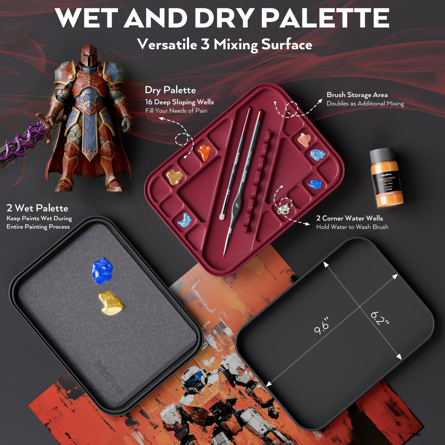 Nicpro Professional Miniature Painting Kit, Stay Wet Palette & 16PCS Detail Paint Brushes Drybrush with Nylon Bag, 100PCS Pallet Paper, 4PCS Sponge, Mixing Paint Saver Palette for Miniature Model