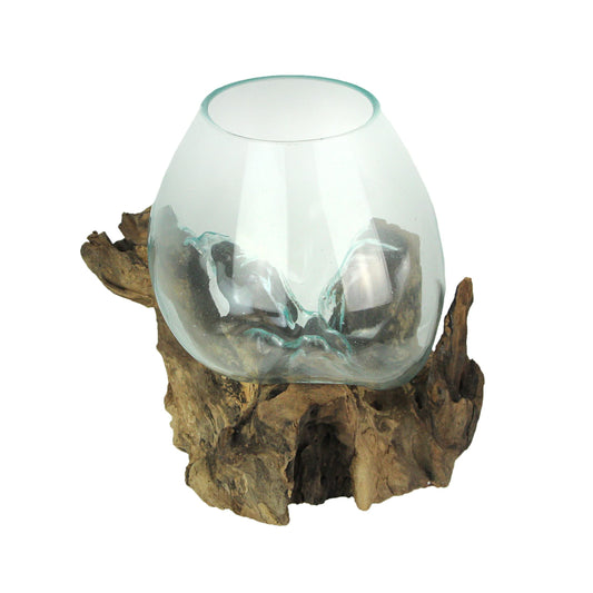 Things2Die4 Large Molten Glass Sculptural Bowl / Plant Terrarium On Natural Driftwood Base, Brown, 10 Inch