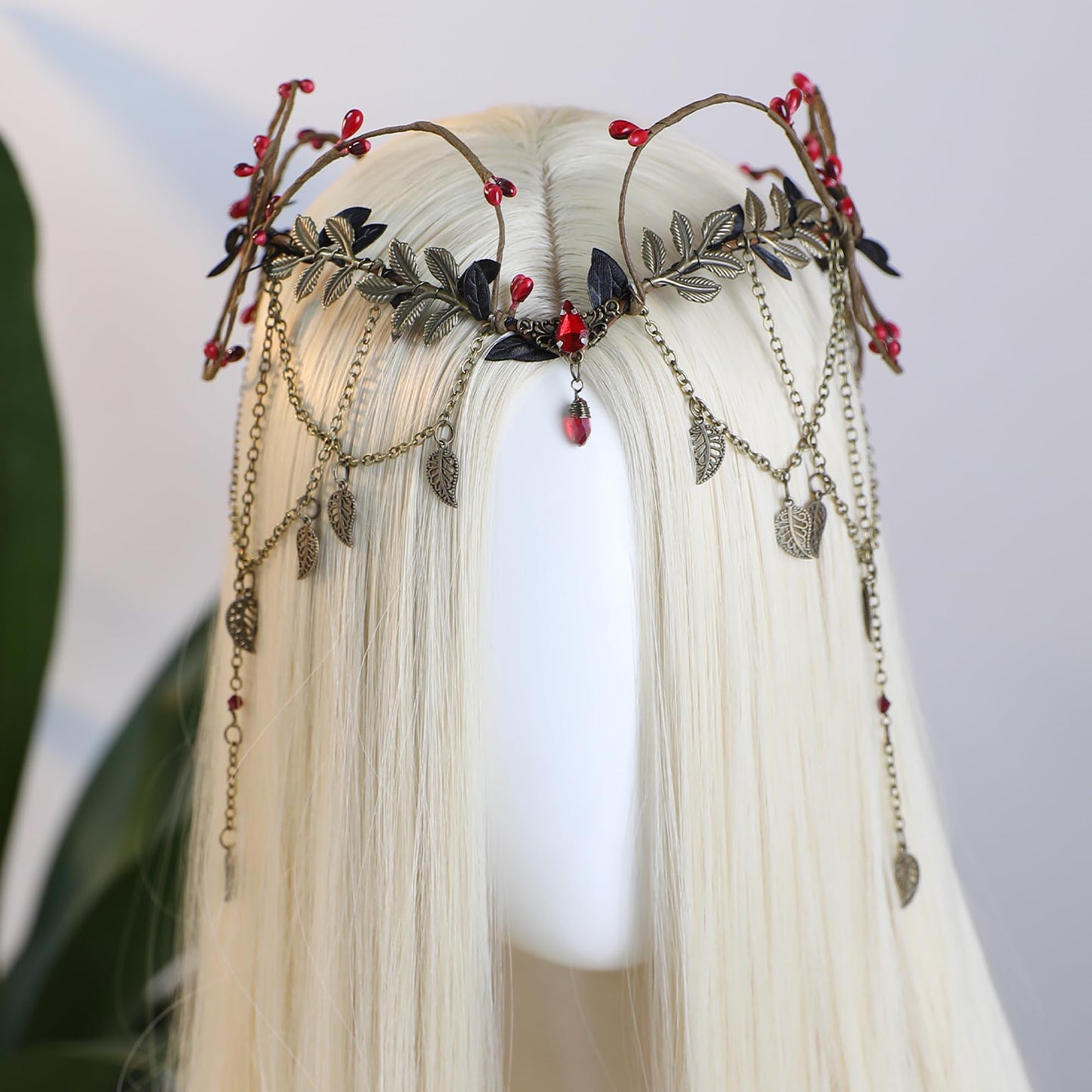 MOSTORY Gothic Flower Elf Crown - Dark Fairy Crown with Tassel for Vampire Accessories Women Witch Aesthetic, Medieval Elven Headpiece with Leaves for Renaissance Renfaire Cosplay