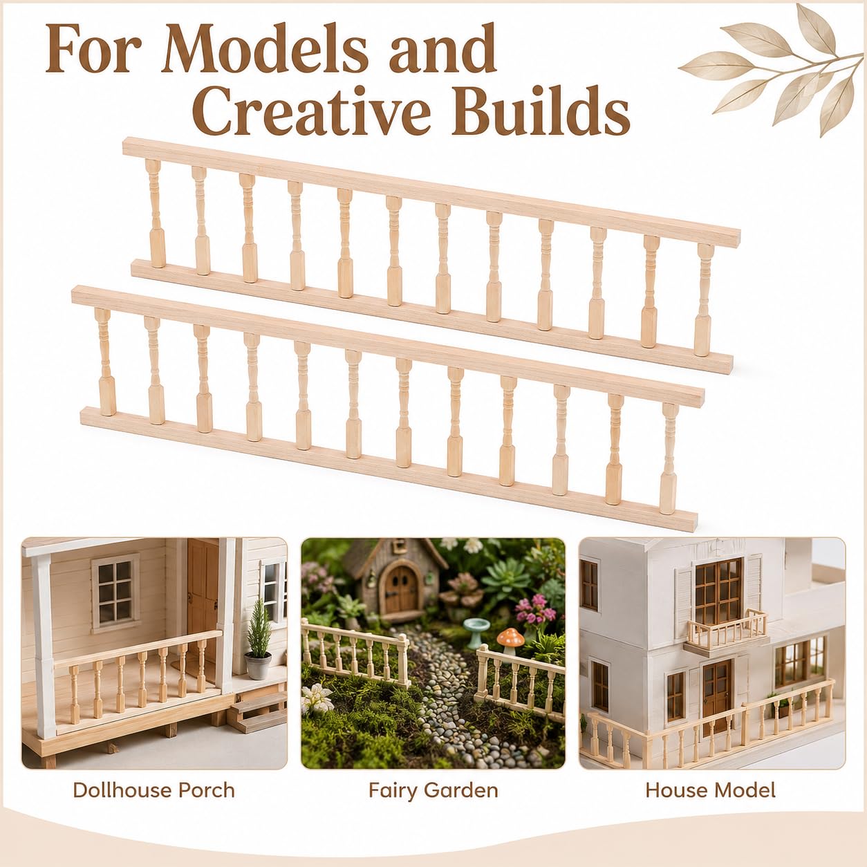 Garneck 2PCS Dollhouse Railing Kit: 1:12 Scale Unfinished Wooden Handrail Miniature Porch Railing for Balcony Tiny Stair Fence Accessories DIY Fairy Doll House Furniture Decoration