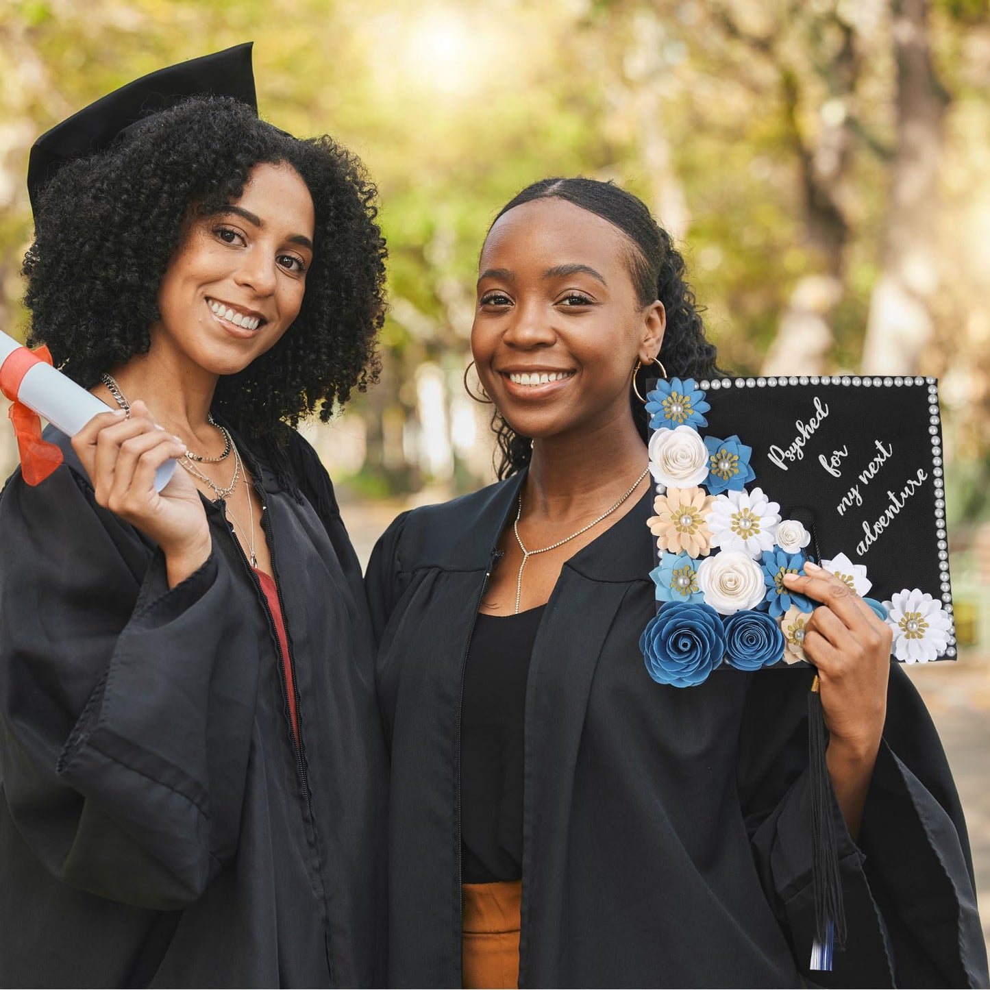 Thiccywoov 43 Pcs Graduation Cap Decorations Kit Includes Artificial Flowers Faux Flower Heads 3D Butterfly Stickers Pearl Rhinestones Glitter Stickers for Grad Cap Topper DIY Graduation Gift(Blue)