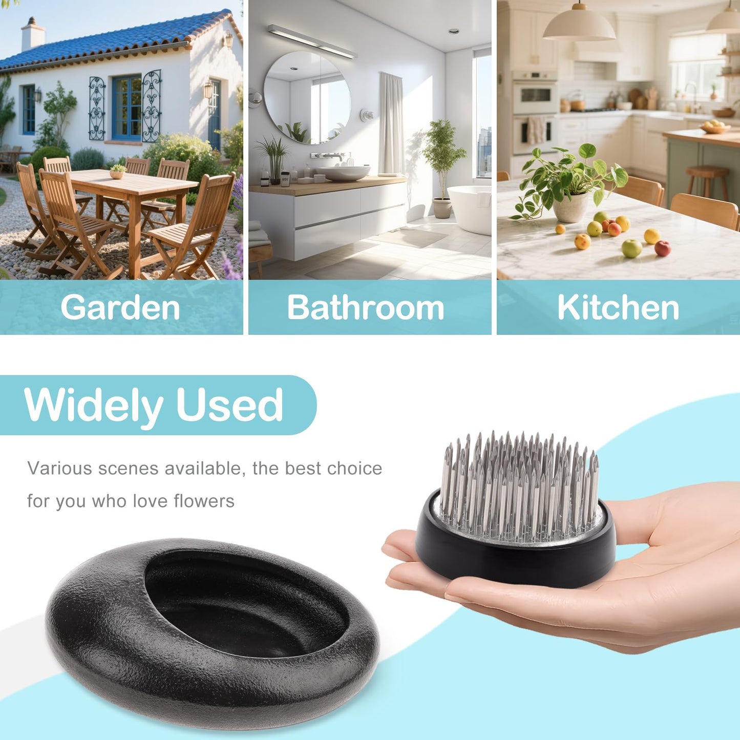 Folmywy Ikebana Flower Frog Vase Kit Japanese Flower Arrangement with 1.57 Inch Kenzan Ceramic Flower Stem Holder Black Round Frog Bowl for Table Centerpieces DIY Art Supplies (5.51x4.13in)
