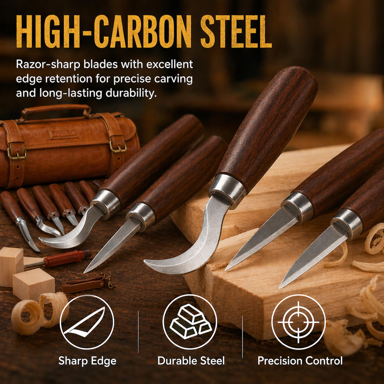 Deluxe Wood Carving Kit, 26Pcs Whittling Tools with 6 Basswood Blocks & Leather Case, High-Carbon Steel Knives, Safety Gloves, Woodworking Set for Beginners Adults DIY Craft Gifts