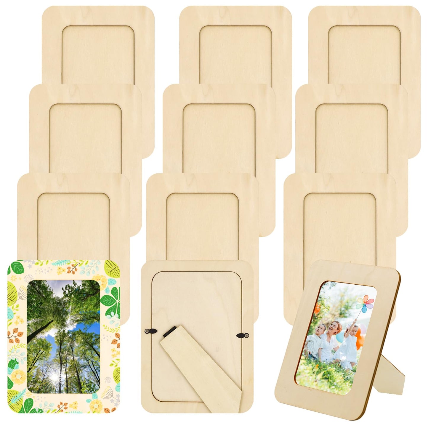 RYKOMO 12 Pieces DIY Wooden Picture Frames, Unfinished Solid Wood Photo Picture Frames for 4 x 6 in Photos, Standing Wooden Picture Frame for Valentine's Day Gift, Father's Day, Mother's Day DIY Crafts