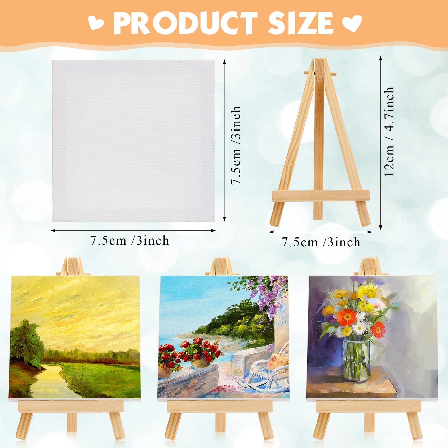 Mimorou 32 Pack Mini Canvas with Easel Sets for Painting Small Art Stretched Canvas Panels Pack with Sturdy Wood Display Easel for Kids Classroom Crafts End of The Year Gifts (3 x 3 Inch)