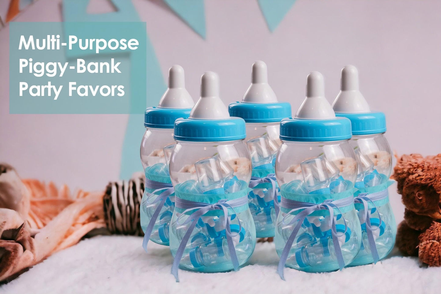 Evershine Plastic Baby Bottle Bank, 13" Blue Fillable Baby Shower Bank, Plastic Jumbo Baby Favor Bottle Centerpiece