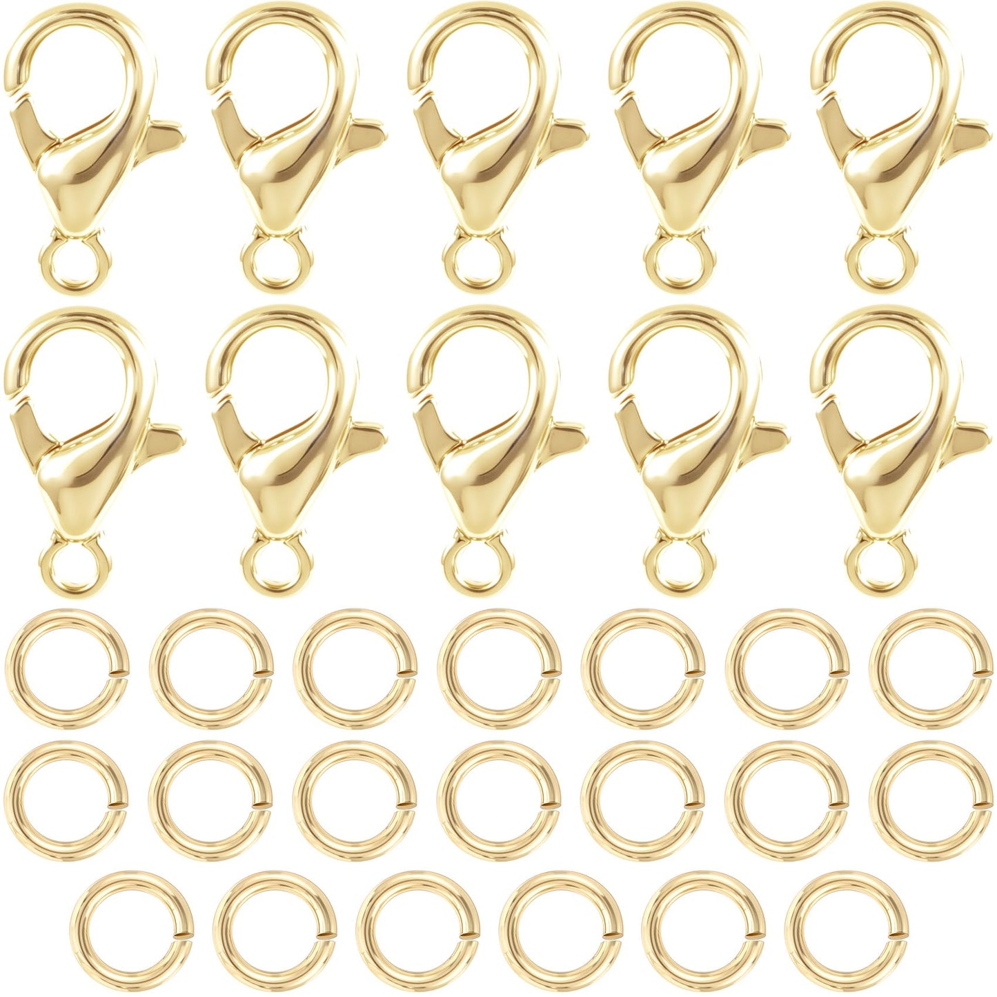 BEIQIYA 30pcs Lobster Claw Clasps & Jump Rings, 14K Gold Plated Metal Lobster Clasps, Jump Rings Jewelry Finding Kit for Necklace Bracelet Jewelry Making