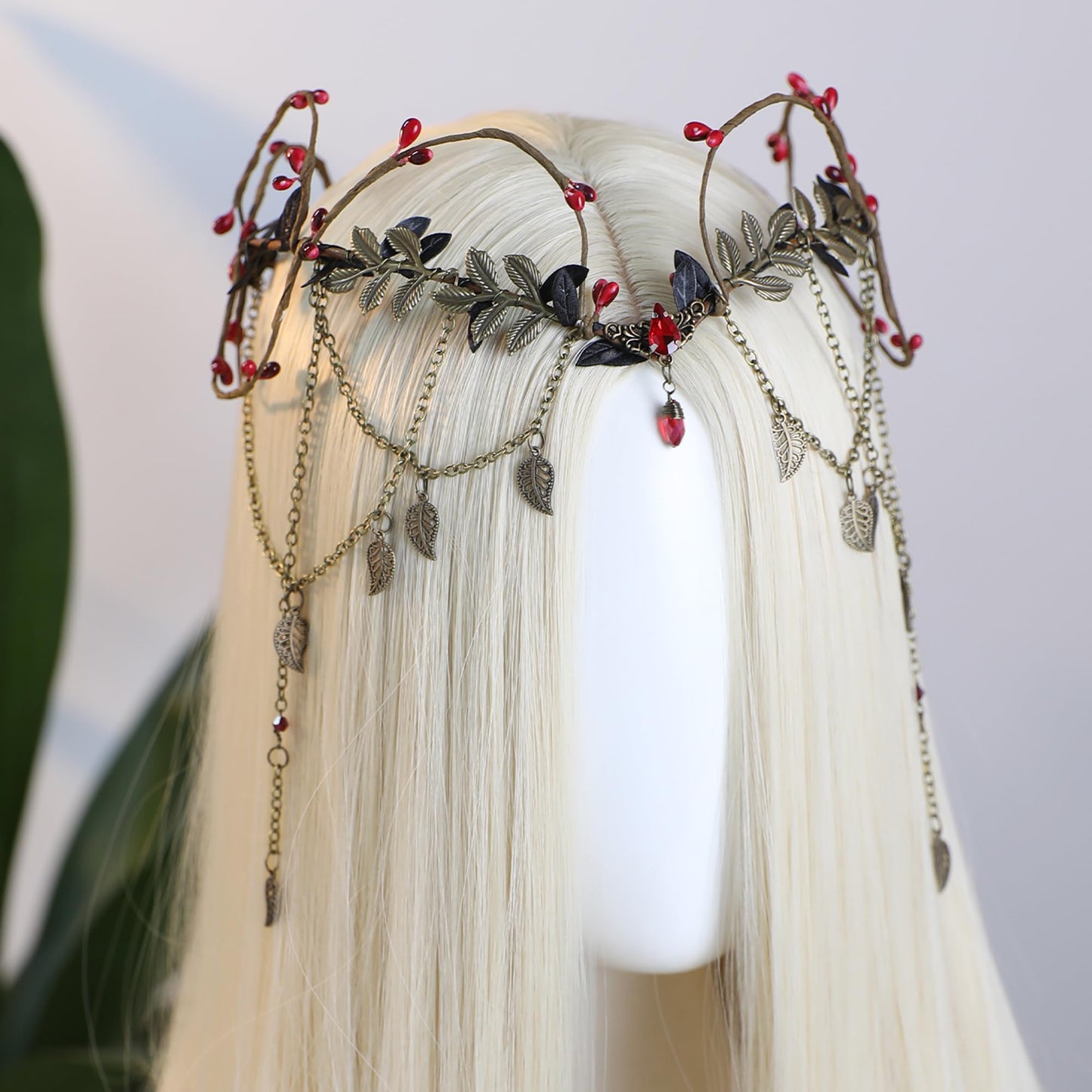 MOSTORY Gothic Flower Elf Crown - Dark Fairy Crown with Tassel for Vampire Accessories Women Witch Aesthetic, Medieval Elven Headpiece with Leaves for Renaissance Renfaire Cosplay