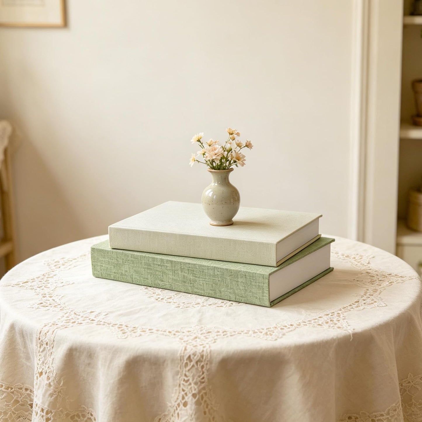 NSdawali Decorative Books Set of 2 Linen Fabric Faux Storage Fake Book Boxes Coffee Table Books Decor Aesthetic for Home Office Entryway Bookshelf Mantel Decoration Photo Storage Box (Sage and White)