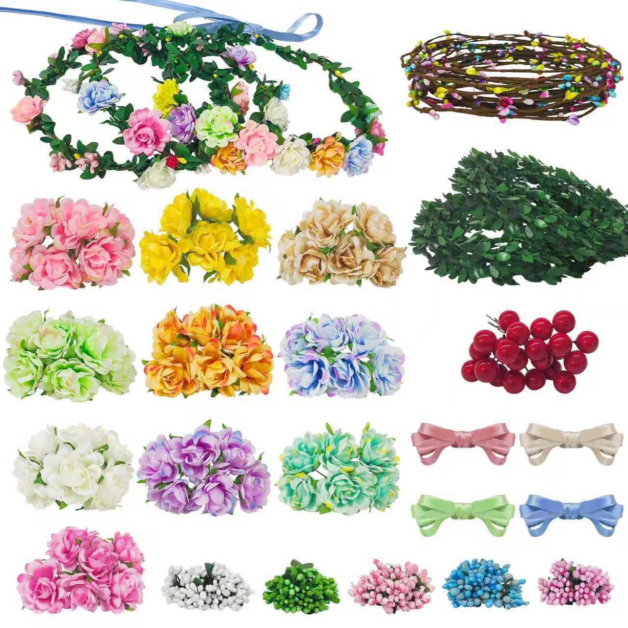 Flower Crowns Making Kit,20 Sets Make Your Own Flower Crown Crafting Kit Blooming Rose Wreath Headband and Bracelet Making Kit DIY Floral Crown Wedding Party Fairy Hair Accessories Gift for Girls