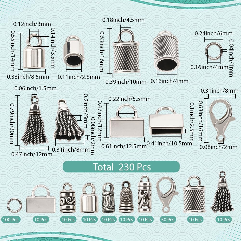 SUNNYCLUE 1 Box 230pcs Tassel End Caps Kumihimo Cord End Caps Alloy Metal Antique Silver Glue in Crimp String Leather Cords Tassel Ends Tips Supplies for Jewelry Making Kit Kumihimo Supplies Crafts