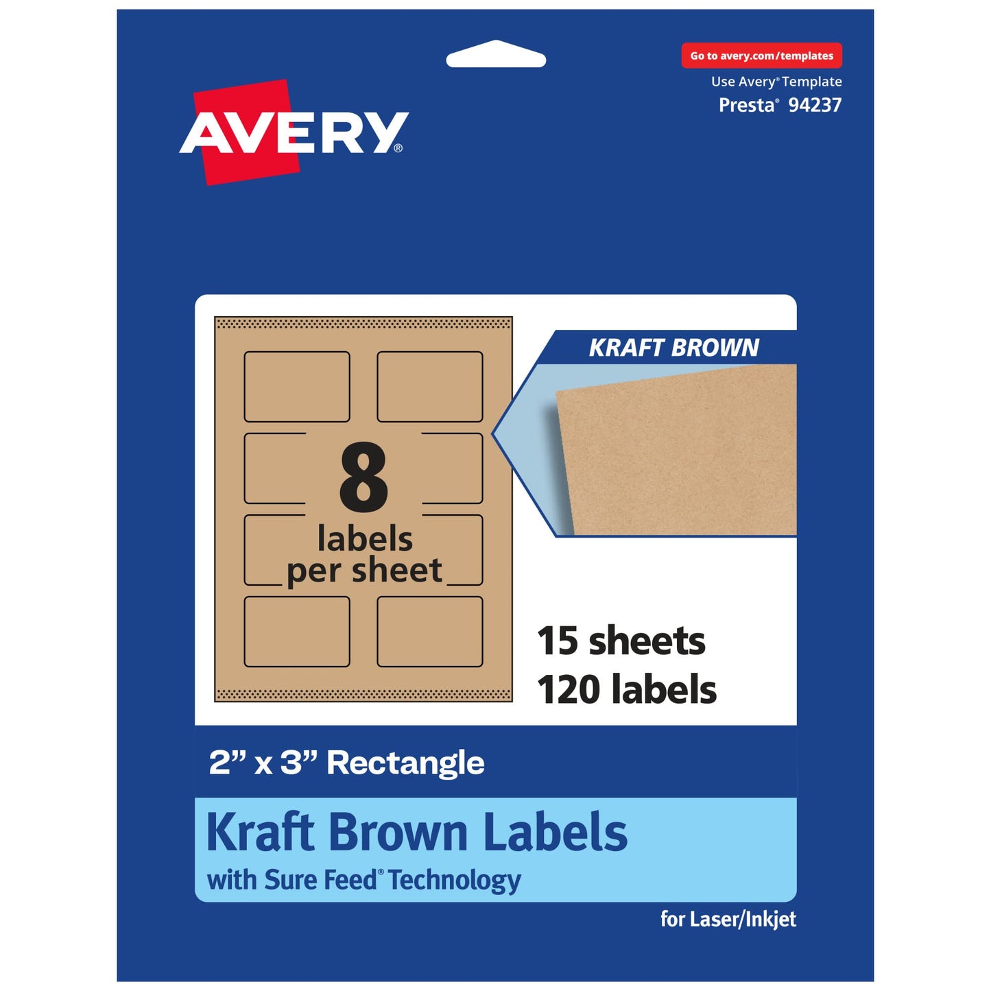 Avery Kraft Brown Rectangle Labels, Sure Feed Technology, 2" x 3", 120 Kraft Brown Labels, Print-to-The-Edge, Laser/Inkjet Printable