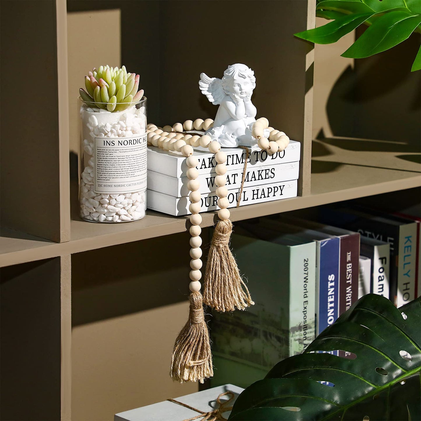 Jetec Decorative Display Books Hardcover, Faux Farmhouse Stacked for Coffee Tables Shelves with Wood Bead Tassels 58 Inch, 3 Pieces, White(Take Time to do, What Makes, Your Soul Happy)