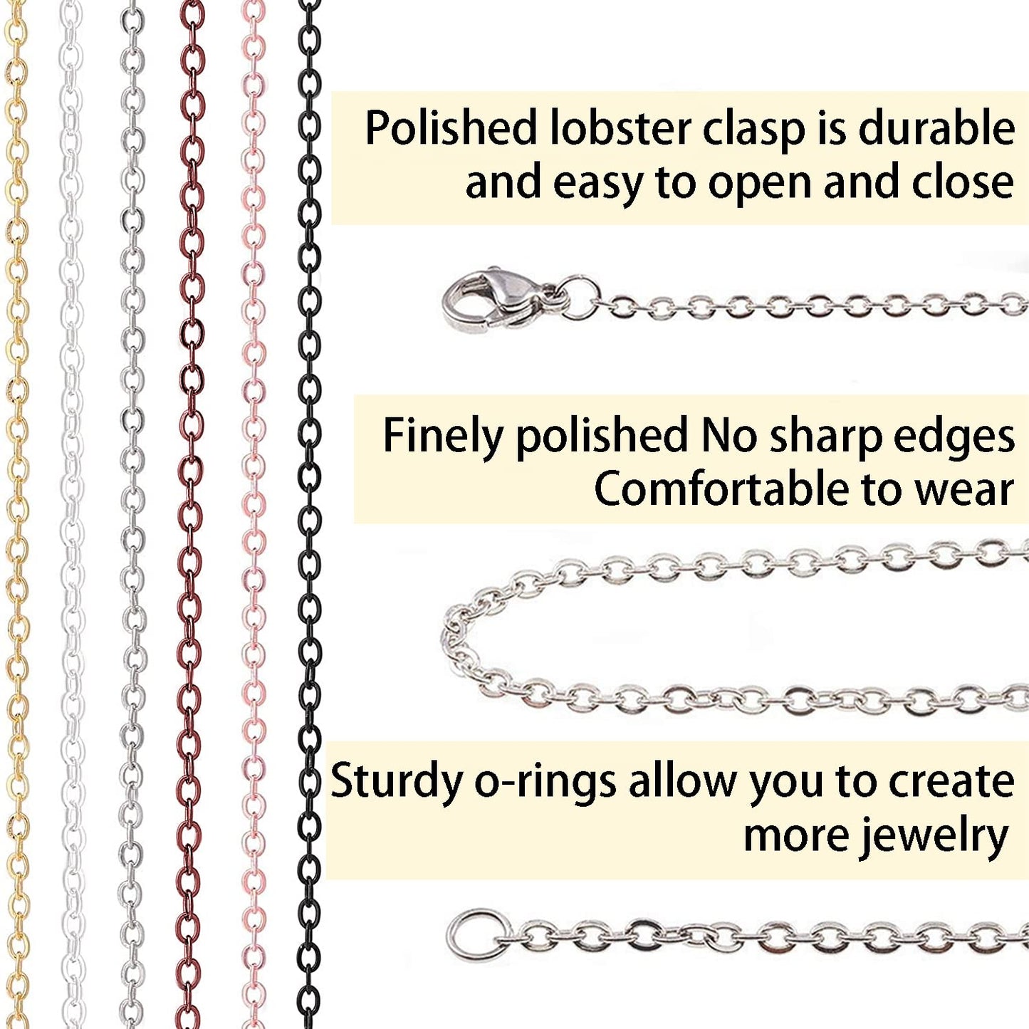 Jishi 60ft Jewelry Necklace Chains 2mm Jewelry Chain Links for Making Bracelets Earrings DIY Craft Supplies Findings, 6-Colors Gold Silver Copper Plated Metal Cable Rolo Link Chain Rolls Bulk