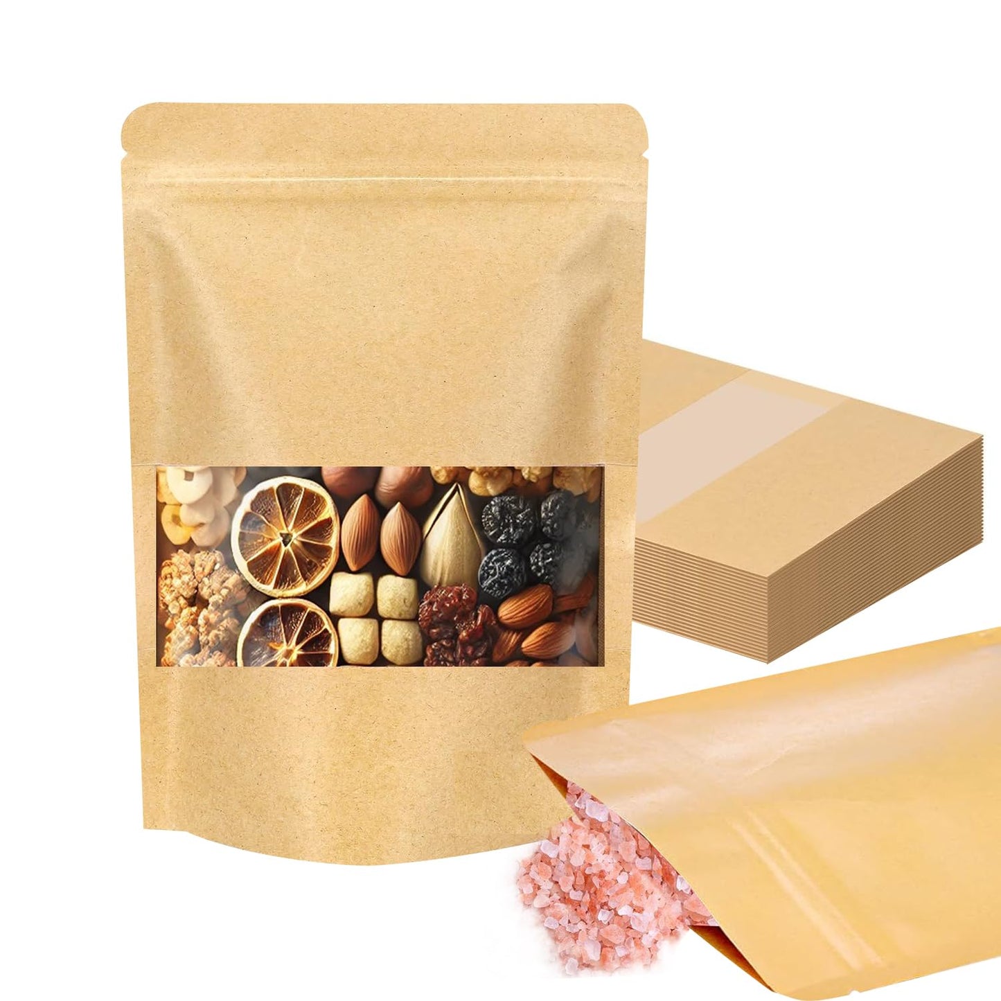 Kraft Paper Bags with Window 100 Pack - Resealable Food Grade Brown Pouches, 5.5x7.9 Inch Eco-Friendly Stand Up Packaging Bags for Coffee, Bakeries, Retail Displays & Small Business Storage