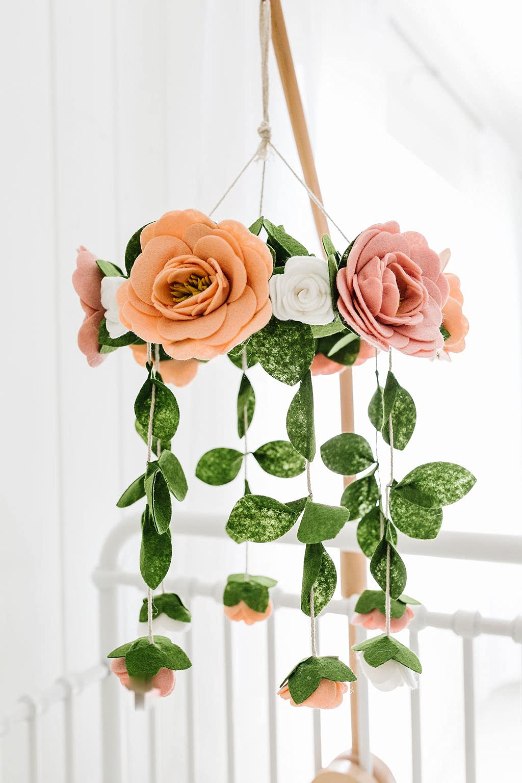 Baby Crib Mobile – Wooden Hanging Nursery Baby Mobile for Crib, Handmade Floral Nursery Decor for Girls, Perfect Shower Gift (Felt Rose) Also Fits Bassinets, Sorrel + Fern