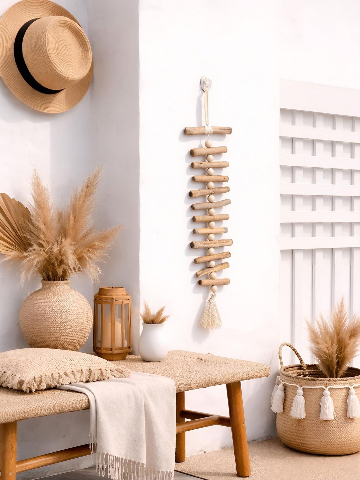 Yerliker Wooden Driftwood Wall Decor Decorative Wooden Beads Wall Hanging Bohemian Ethnic Style Tassel Wood Decor Home Living Room Bedroom Beach House and Gift