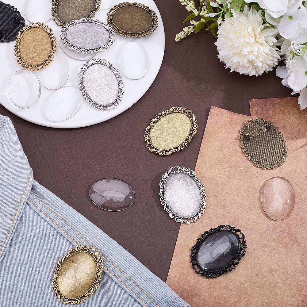 CRAFTYMELODY 12 Sets Brooch Cabochon Making Kit 4 Styles Vintage Oval Brooch Blank Bezel Oval Brooches Pins Trays with Clear Glass Cabochons for Bridal Wedding Graduation Jewelry Making DIY Craft