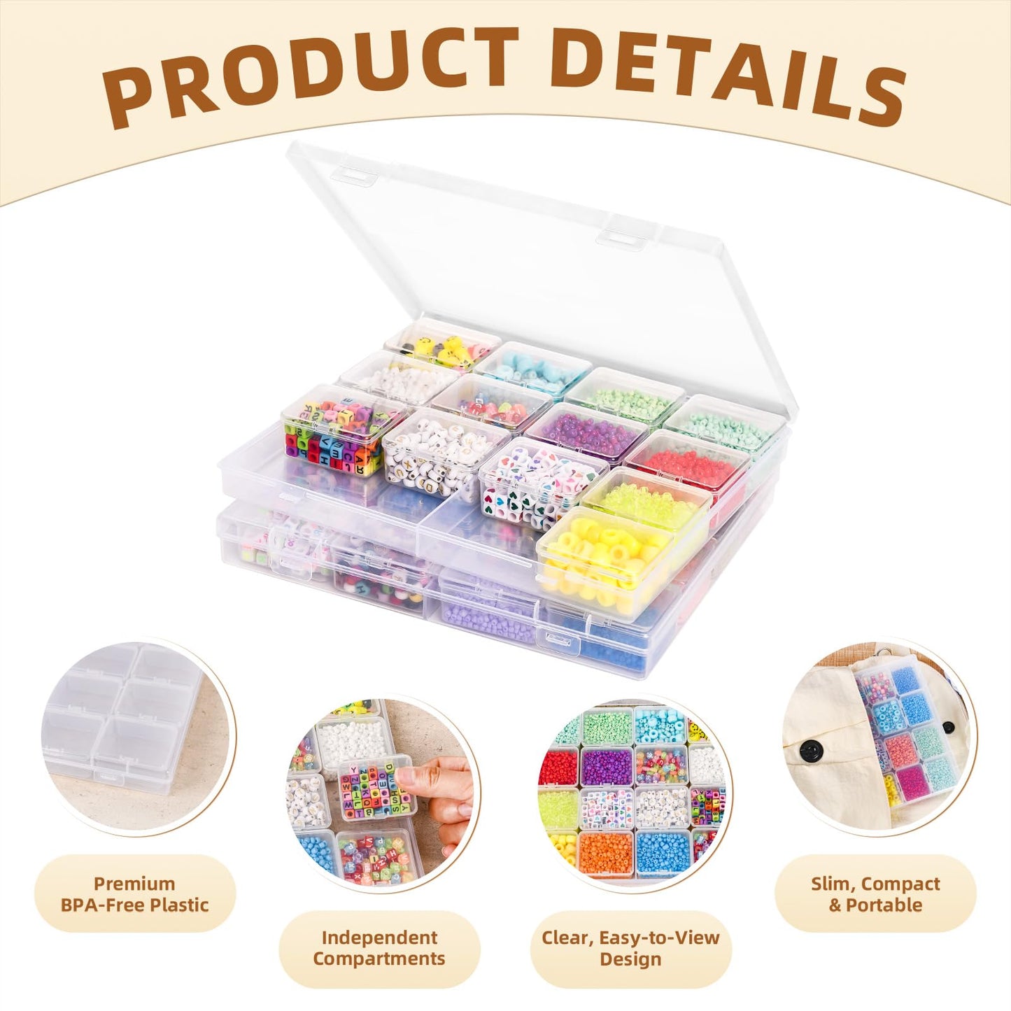 Cokapo Bead Organizer Box, 64 Pcs Clear Bead Storage Containers, Craft Organizers and Storage with Hinged Lids, Small Plastic Containers Boxes for Diamond Painting Art, Jewelry, Nail Art, Small Parts
