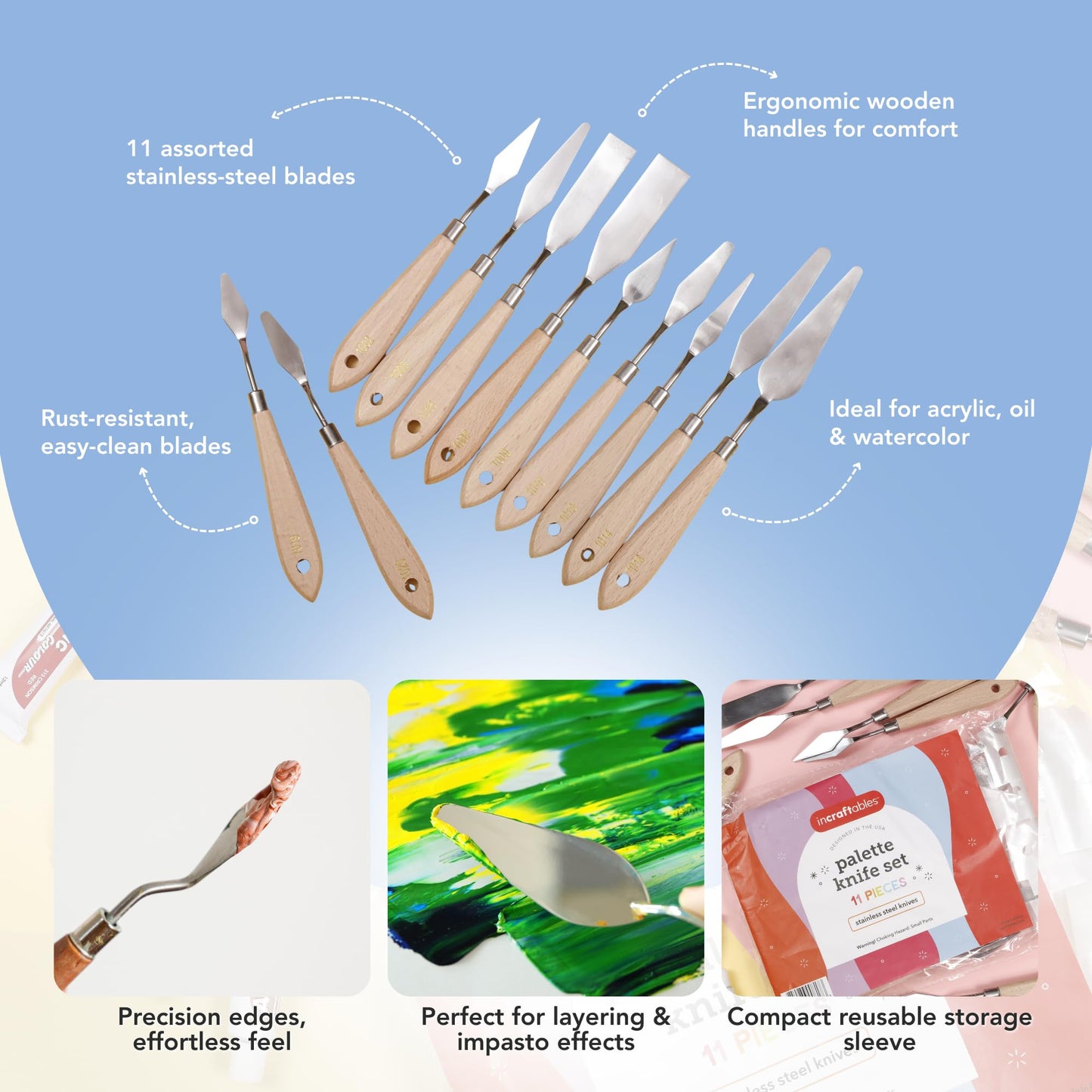Incraftables 11 Piece Palette Knife Set – Stainless Steel Painting Knives for Acrylic, Oil & Cake Decorating – Assorted Pallet Spatula Knives with Ergonomic Handles