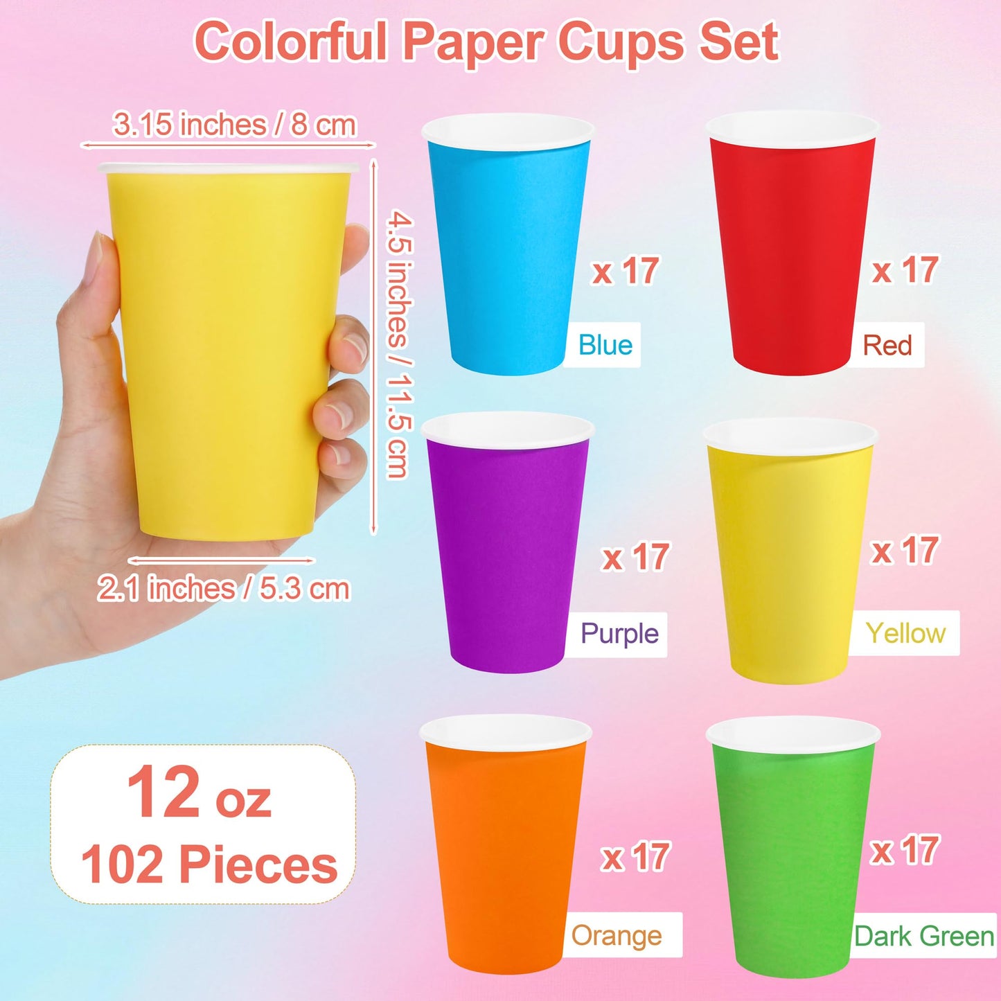 Kochorie 100 Pack 12 Ounce Disposable Rainbow Paper Cups, Colorful Party Cups, Drinking Birthday Cups for Holiday Party Supplies DIY Crafts, 6 Colors
