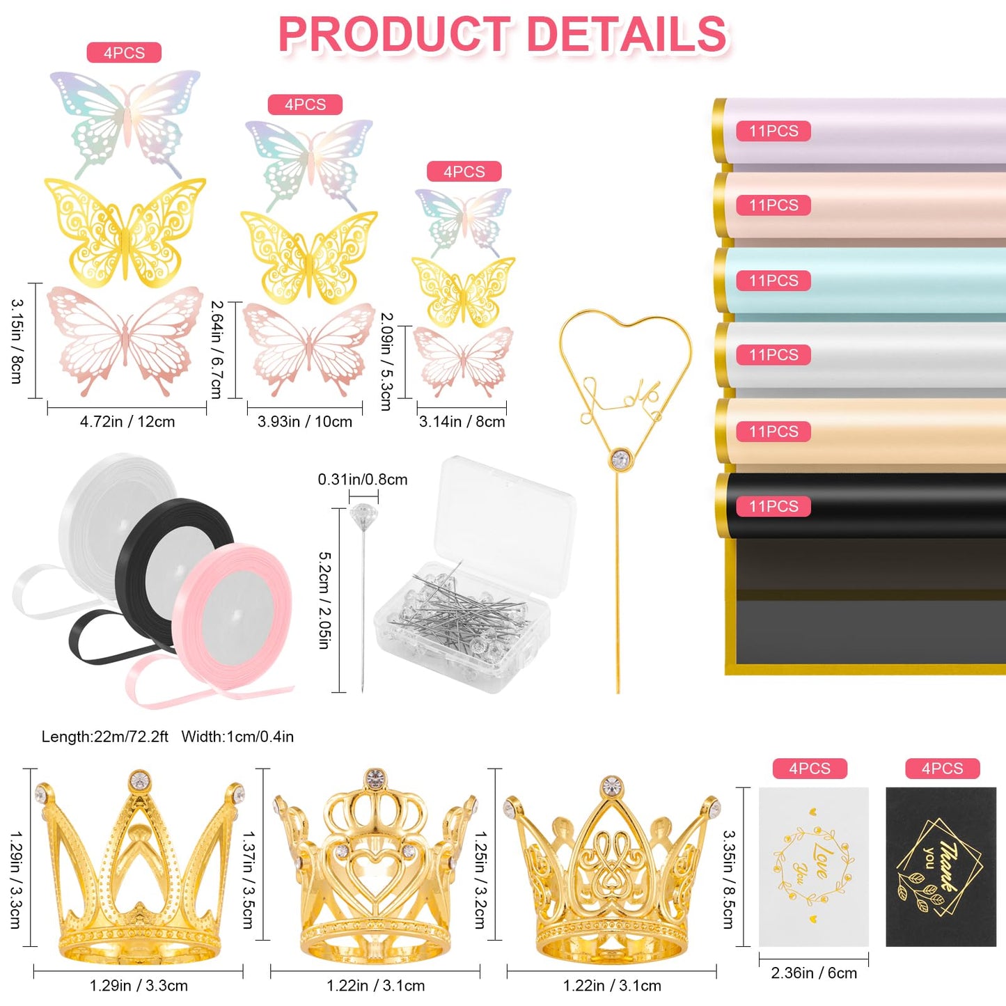 VinTS 167Pcs Floral Bouquet Wrapping Paper Waterproof Flower Wrapping Paper 66 Sheets 6 Colors with Ribbons 3D Butterfly,Golden Crowns for Valentines Florist DIY Project Bouquet Flower