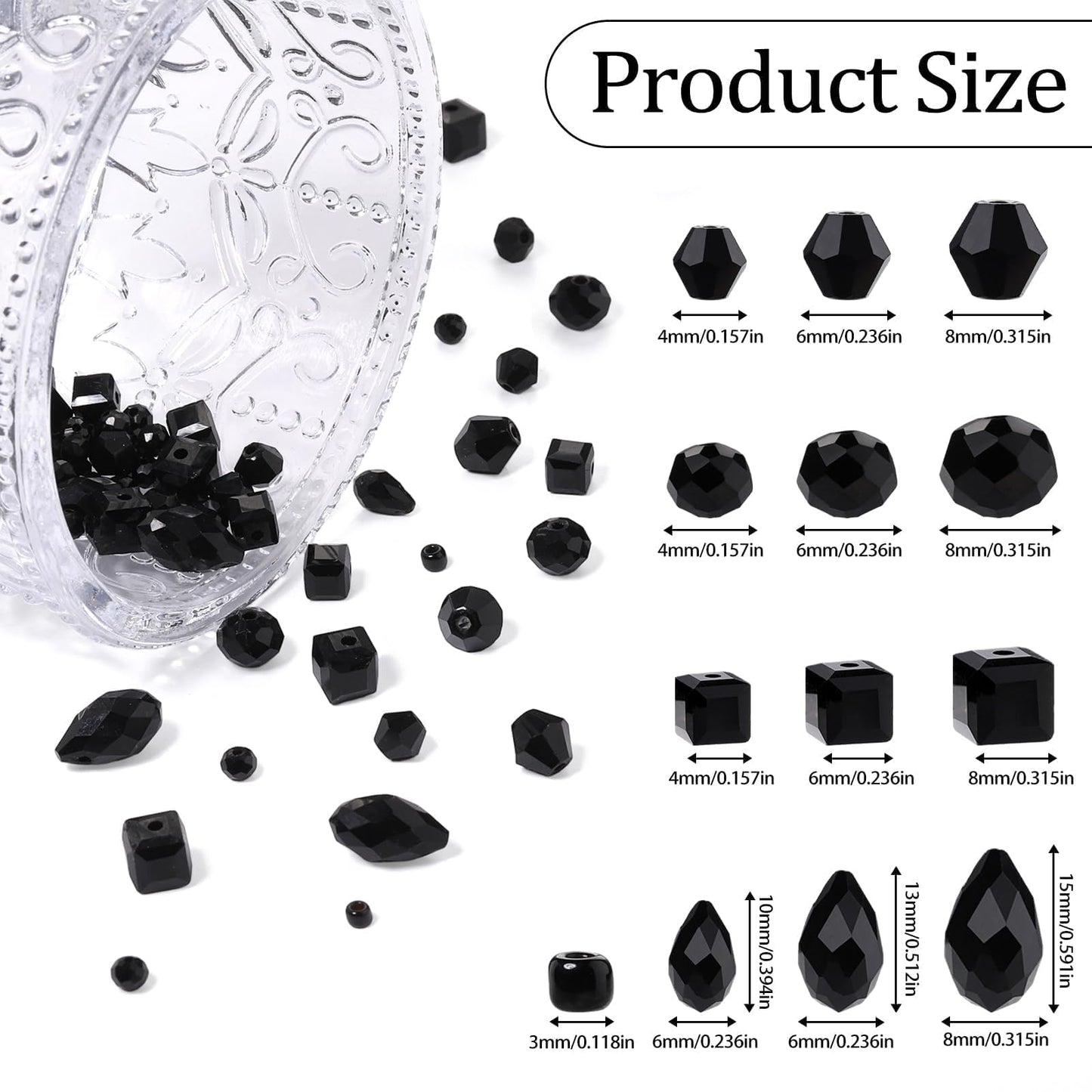 Song Xi 1500PCS Glass Beads for Jewelry Making, Assorted Faceted Crystal Beads Kit for Bracelet Earring Necklace, for DIY Clear and Iridescent Christmas Gift (Black) ﻿ ﻿