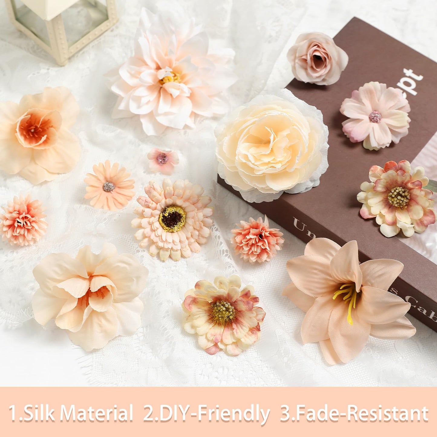 RUIDKUN Fake Flowers Heads Bulk Champagne Mini Artificial Silk Flower for Crafts, Small Artificial Daisy Roses Faux Flowers for Graduation Cap DIY Cake Wedding Party Home Garland Decoration