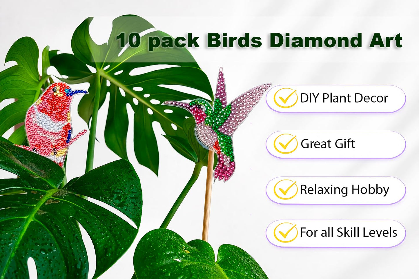 BEAUTYMEHNDI STORE 10 Pack Diamond Art Bird Plant Stakes – DIY Hummingbird Mini Diamond Painting Kit for Adults, Garden Decor for Potted Plants, Gift for Plant Lovers
