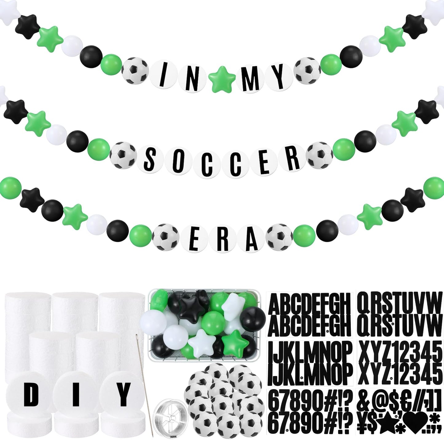 Simgoing 98 Pcs Soccer Birthday Banner Decor Jumbo DIY Friendship Bracelet Birthday Banner Kit Customizable Party Giant Garland Decoration for Soccer Sports Theme Party Decorations
