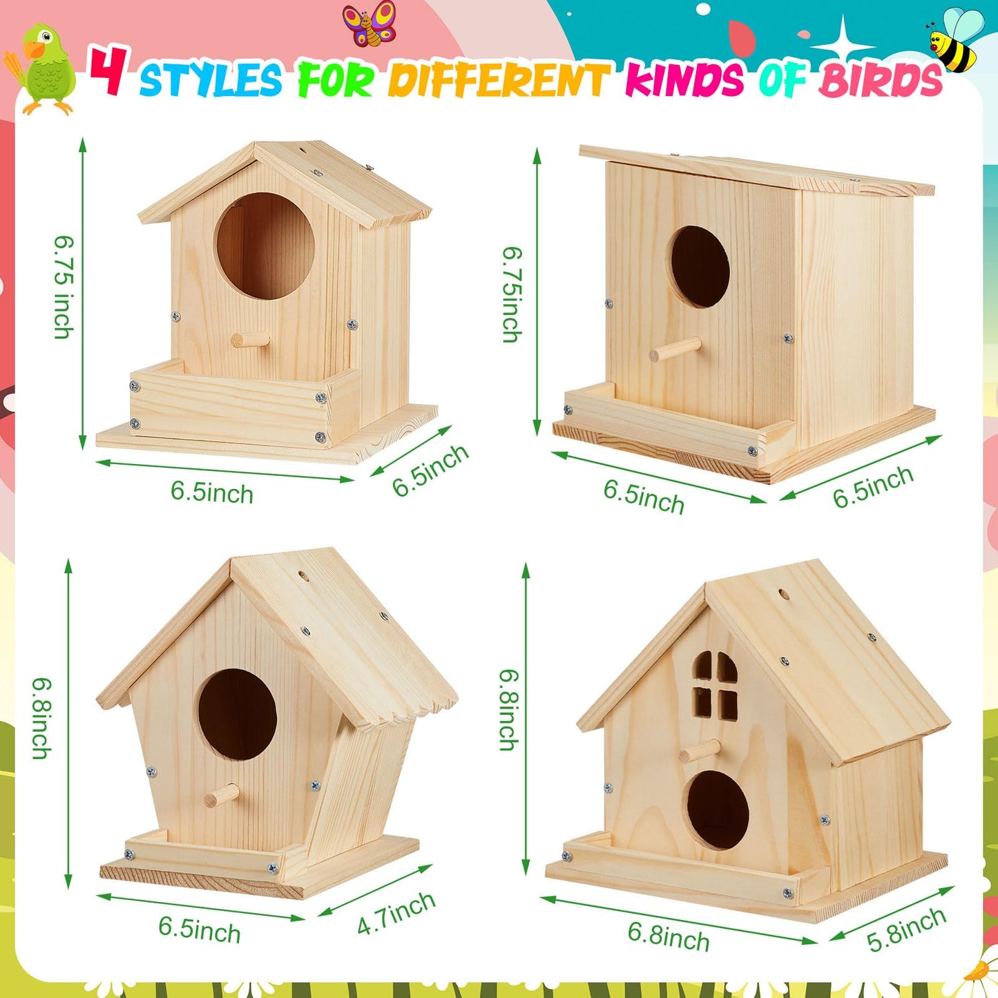 Liliful 4 Pack Birdhouse Crafts for Kids, Wooden Creative DIY Bird House Kits Arts and Crafts Set for Kids and Adults, Spring Birthday Gifts for Toddlers Ages (Seasonal Style)