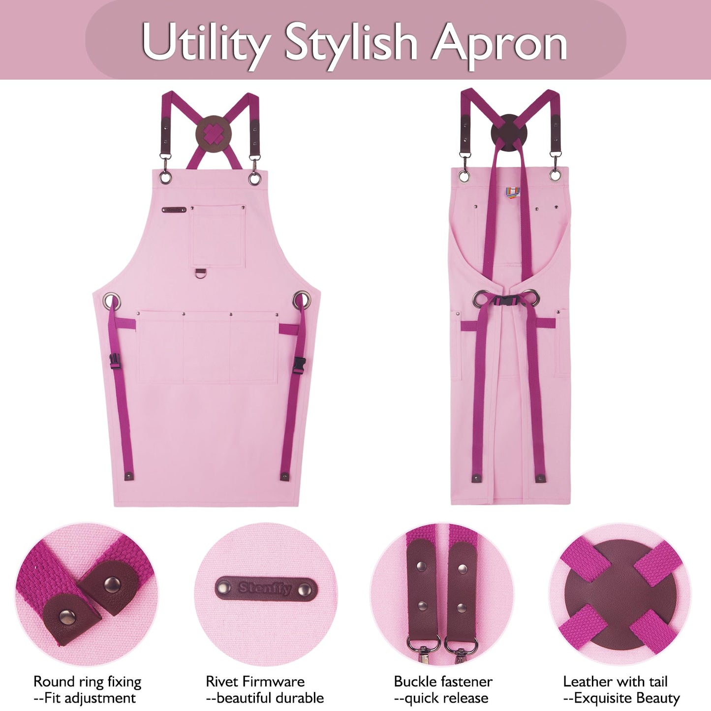 Stenffy Kids Art Aprons for Painting, Gardening, Cooking, Multiple Pockets, Kids Smock for Boys & Girls, (Age6-12) (Fuchsia Pink)