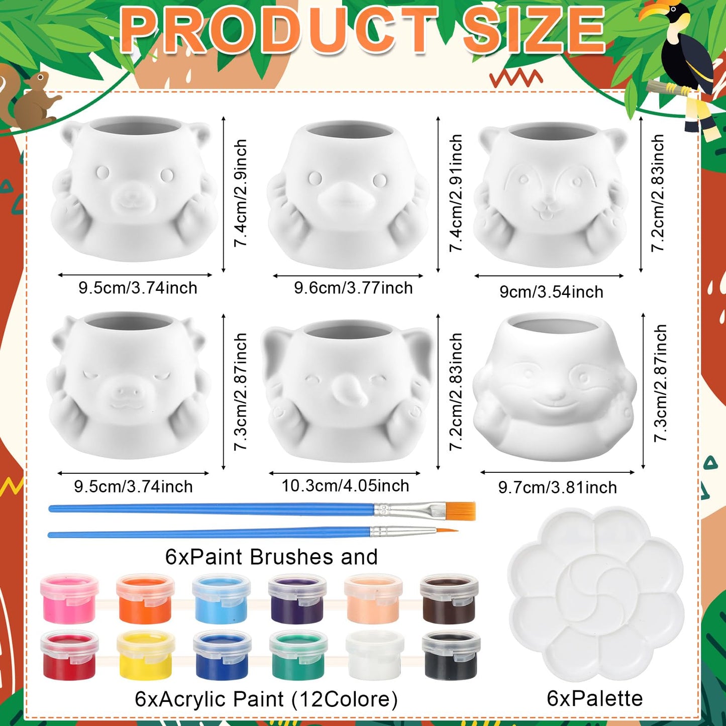 Chuangdi 6 Sets DIY Ceramic Succulent Pots Paint Animal Planters Unpainted Plant Flower Pot Paintable Ceramic Painting Kit Drainage Hole Color Paints Paintbrushes Palettes for Craft(Novel Style)