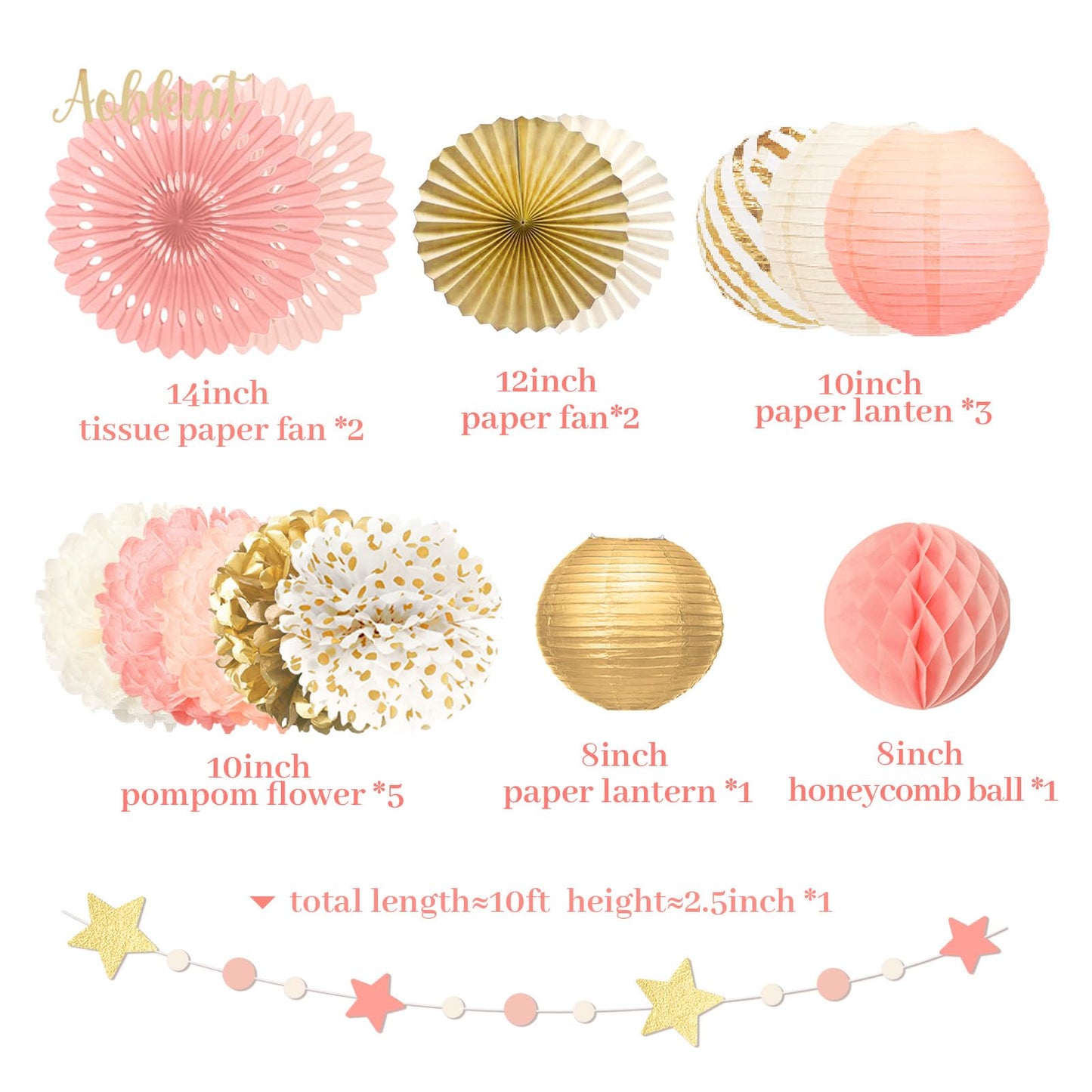 AOBKIAT Pink Gold Party Decorations Kit - 27PCS wirh Pom Poms & Lantern & Fans & Swirls & Garland & Crepe Paper Streamers for Birthday,Wedding,Baby Shower,Bachelorette,Princess Party