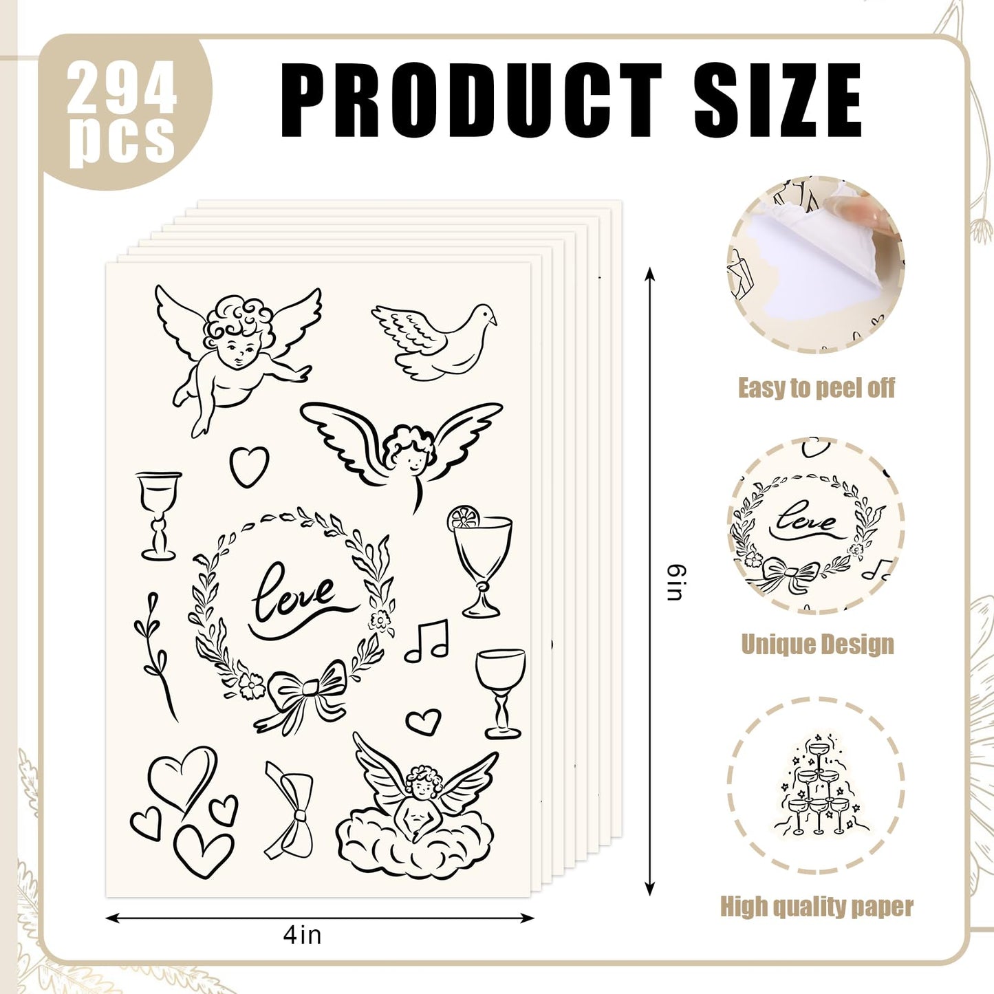 Whaline 294Pcs Wedding Stickers Seal Decals Black Beige Groom and Bride Cupid Flower Adhesive Labels for Wedding Bridal Shower Party Favor Supplies, 18 Sheets
