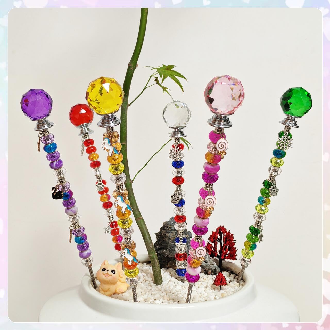 140Pcs DIY Fairy Wand Beaded Garden Stakes Kit Decorative Garden Stakes Beadable Items Fairy Garden Kit for Different Festivals Fairy Garden Accessories Outdoor(Section)