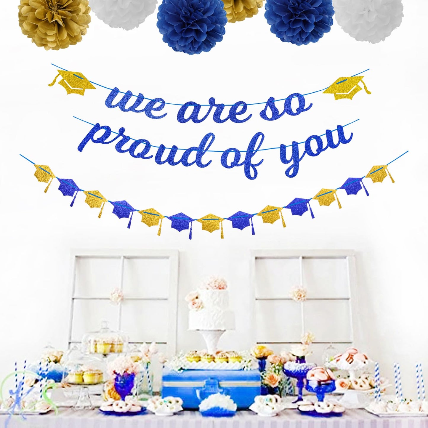 Navy-Blue White-Gold Party-Decoration Graduation Banner - 8pcs Kits Cap Garland Streamers, Paper Tissue Pom Poms Flowers,We are So Proud of You Grad Graduation 2026 Decor Lasting Surprise