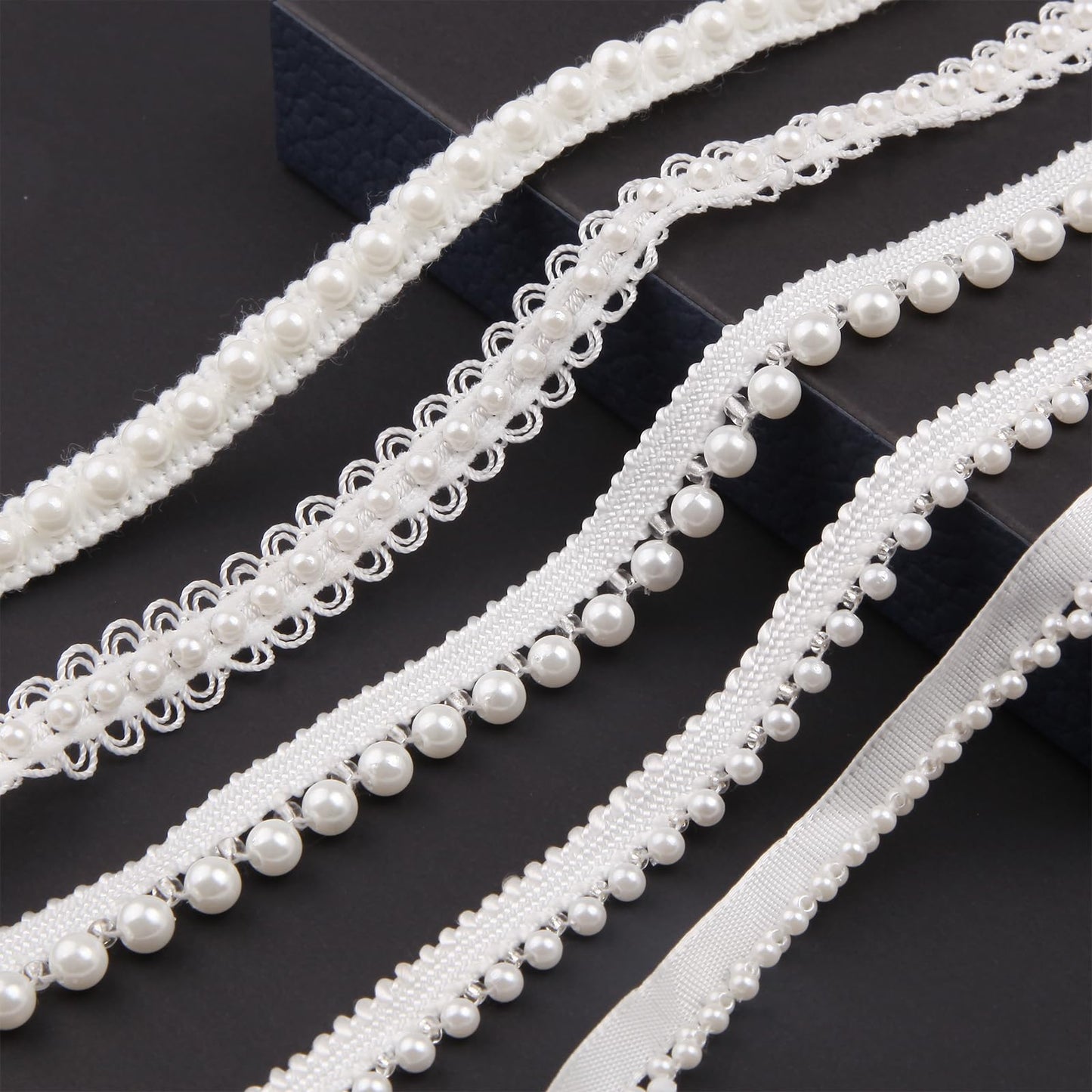 HLTOO 5 Yards Pearls Lace Ribbon Trim, White Beaded Fringe Trim Applique, for Sewing Clothing, Curtains, Wedding Decoration, Bridal Dress, Belt, Headwear, 5 Styles