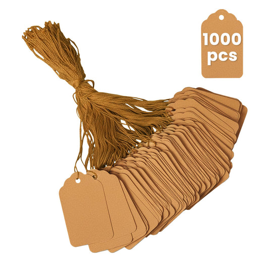 1.75x1.1 Inches Brown Price Tags with String, 1000 Pack Goefun 250 GSM Kraft Gift Tags with String Attached for Labeling, Hanging, Clothing, Jewelry, Garage/Yard Sale, Inventory