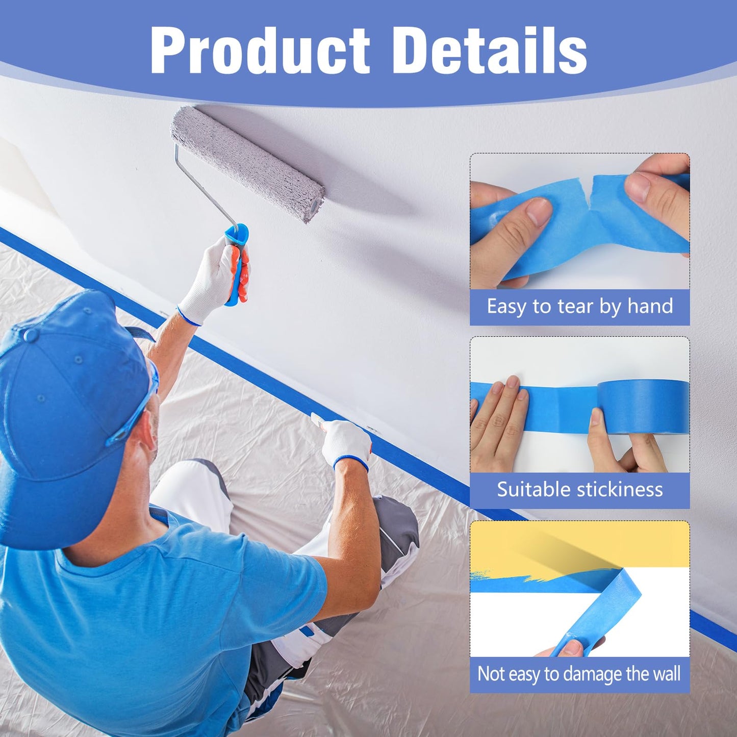 Fyguard Blue Painters Tape 1.89In x 55Yd Painters Tape 3 Rolls Painters Blue Tape for Wall Masking Edge Treatment Packing DIY Crafts, Home Use
