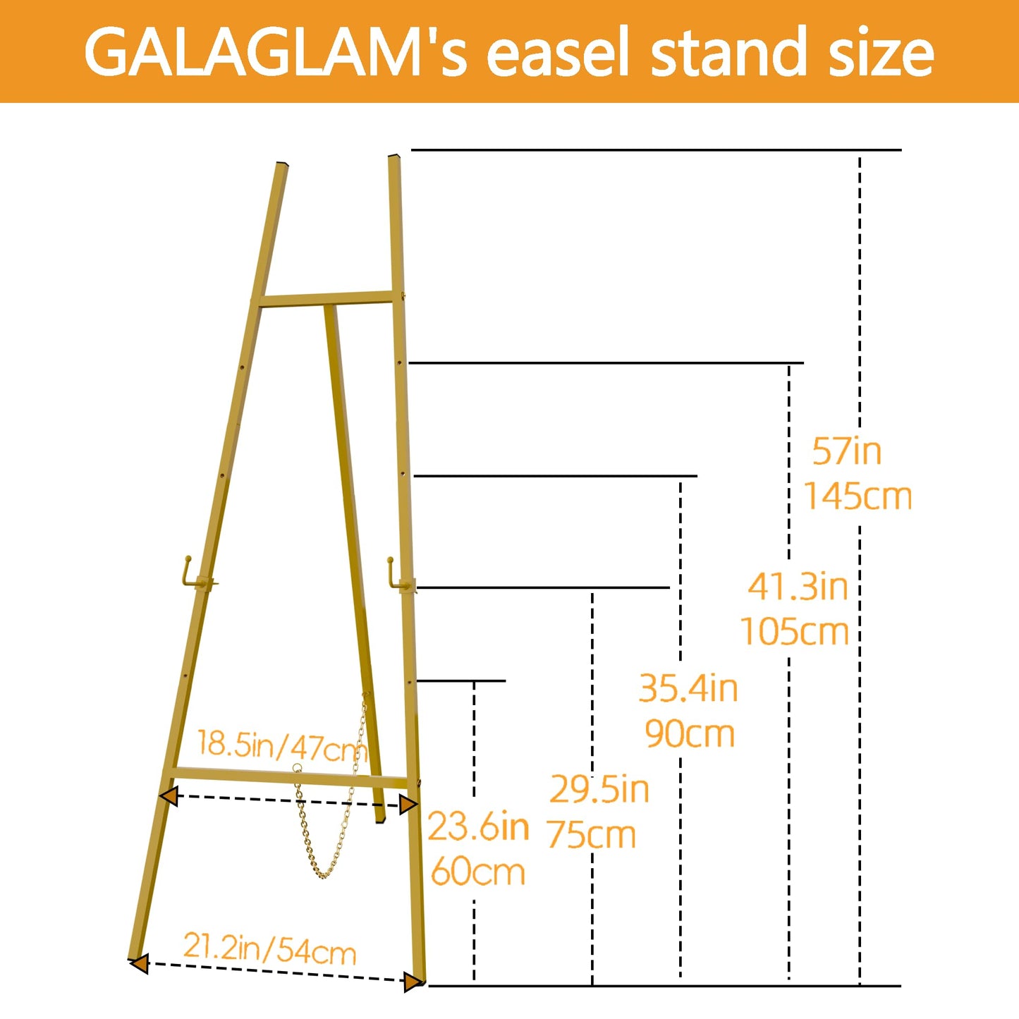 GALAGLAM Easel Stand for Signs, 57" Gold Easel Adjustable 4 Tier Floor with Chain Support, Metal Easels for Painting, Display Stand for Wedding Baby Showers Birthday Parties