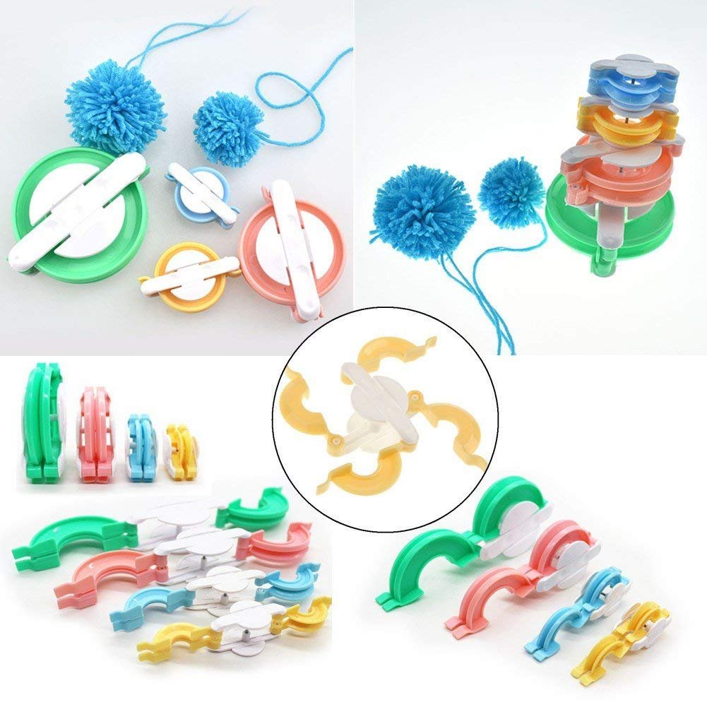 Pompom Maker Kit, Knitting Loom Fluff Ball Weaver Needle Craft DIY Knitting Crochet Tool Kit,4PS Pompom Maker+10PS Knitting Stitch Markers+10PS Plastic Needles+12PS Acrylic Yarn+1PS Scissors(37b)