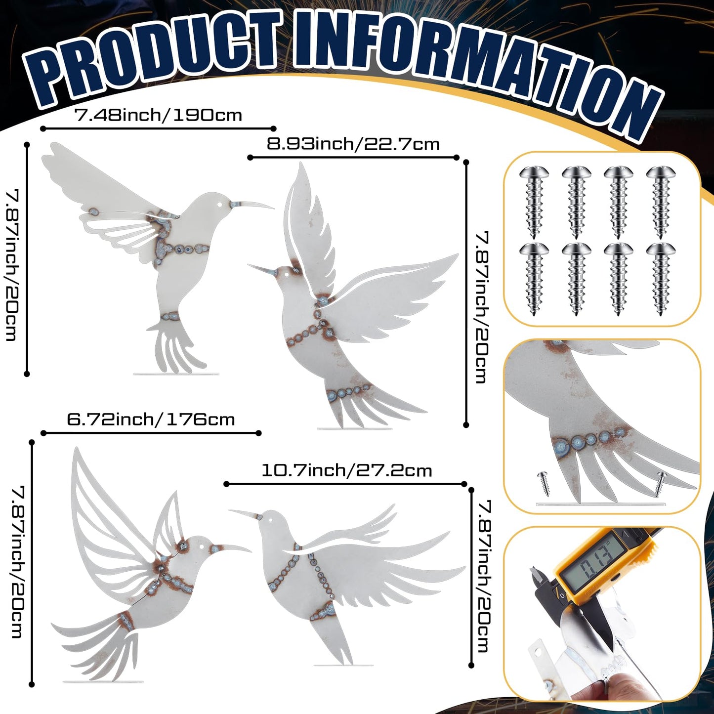 Otoolling 4 Pcs Hummingbird Welding Kit for Practice, Outdoor Metal Birds Decor for Yard, Wall & Fence Hummingbirds Craft Statue Ornaments Rustic Garden Sculptures Farmhouse Decor with Metal Base
