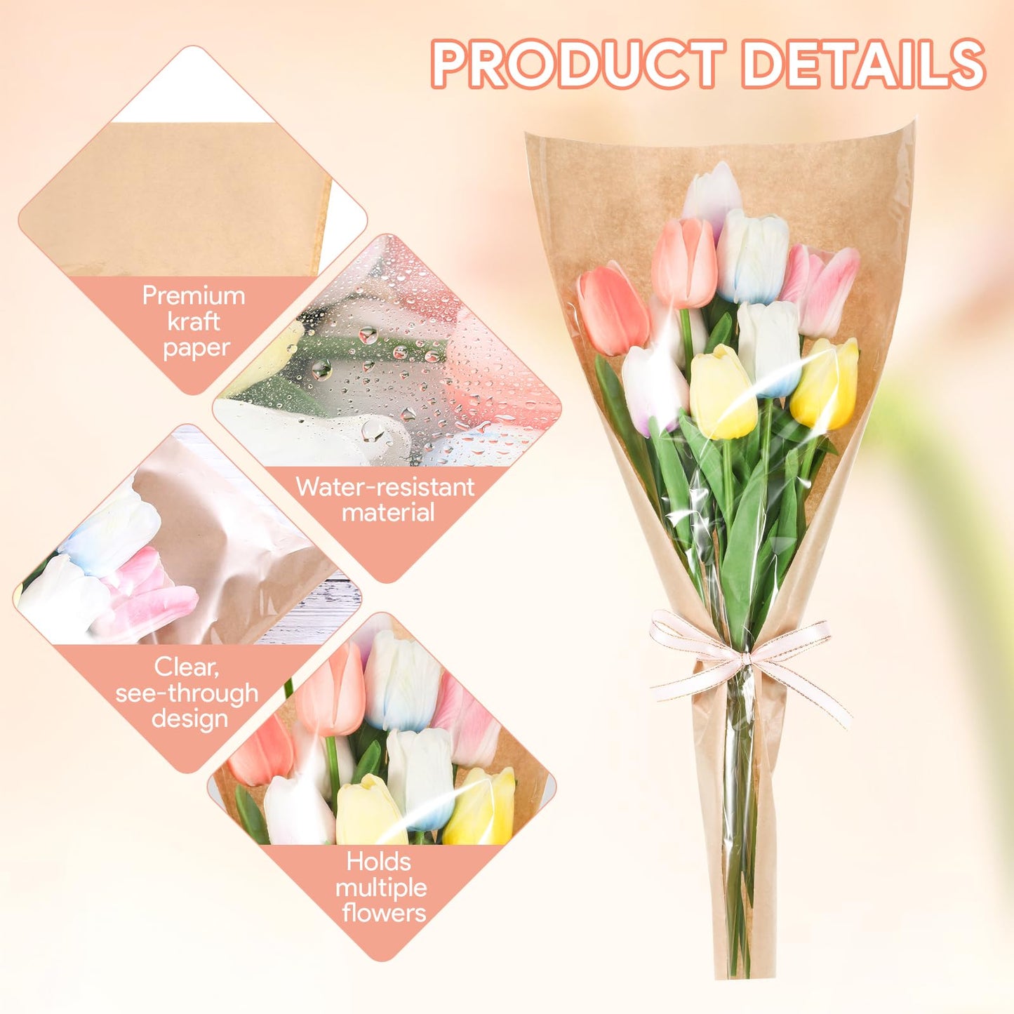 100Pcs Flower Bags for Bouquets Kraft Paper Flower Bouquet Bags for Floral Wrapping Flower Sleeves for Bouquets Florist Supplies Wrapping Paper for Birthday Wedding Valentines Day, 17.7x9.4x3.5 Inch