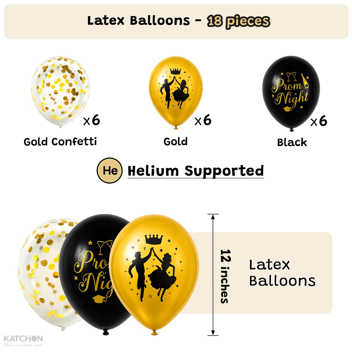 KatchOn, Prom Night Decorations 2026 - Black and Gold Balloons, Pack of 31 | Prom Night Banner, Latex Balloons and Cupcake Toppers | Black and Gold Prom Decorations, Prom Party Supplies